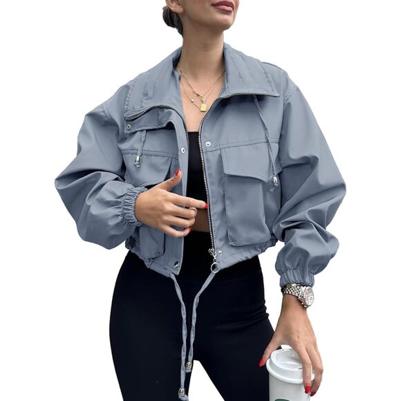 Womens Blue Grey Tankaneo Cropped Jacket Zip Up Oversized Utility Anorak Coat - Picture 1 of 4